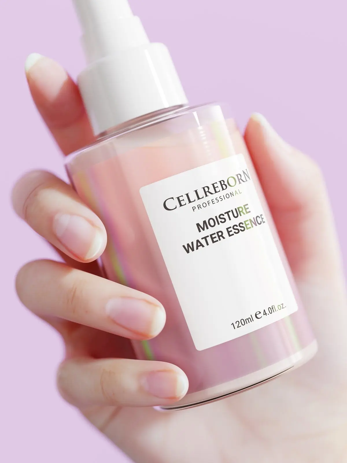Close-up of a hand holding a CELLREBORN Athens Moisture Water Essence bottle against a lilac backdrop